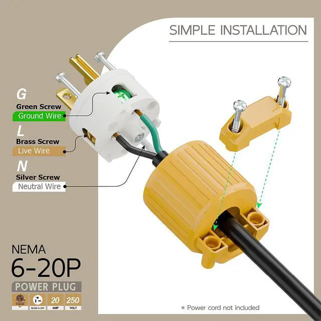 Alt view image 3 of 6 - NEMA 6-20P Male Plug, ETL Listed 20AMP/250VOLT,20A Straight DIY Male, USA/Canada 3-Prong Connector, 20A/250V Plug Household AC Industrial Grade Plugs Yellow Color