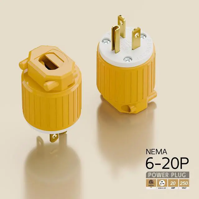 Alt view image 4 of 6 - NEMA 6-20P Male Plug, ETL Listed 20AMP/250VOLT,20A Straight DIY Male, USA/Canada 3-Prong Connector, 20A/250V Plug Household AC Industrial Grade Plugs Yellow Color
