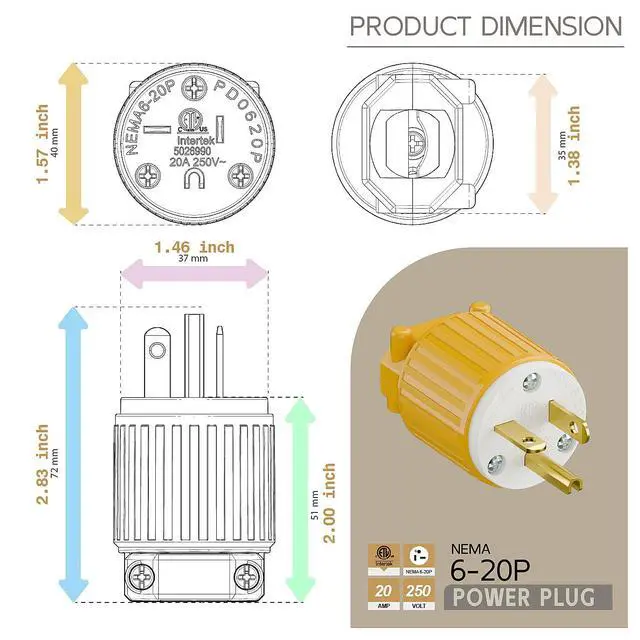 Alt view image 5 of 6 - NEMA 6-20P Male Plug, ETL Listed 20AMP/250VOLT,20A Straight DIY Male, USA/Canada 3-Prong Connector, 20A/250V Plug Household AC Industrial Grade Plugs Yellow Color