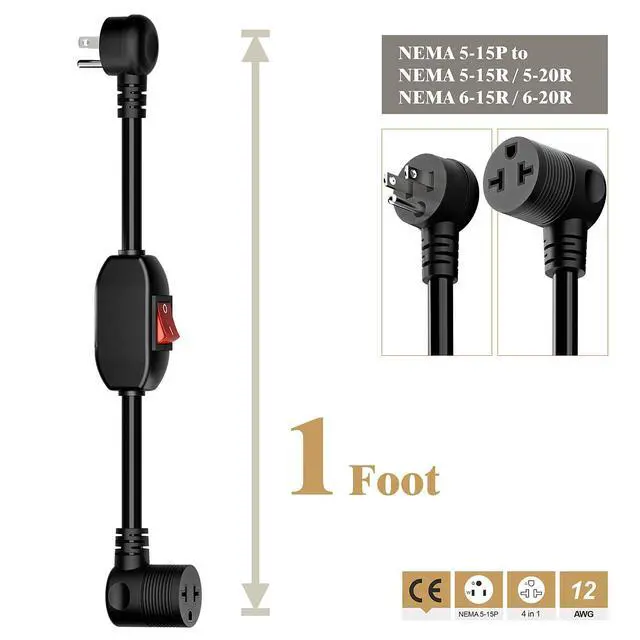 Alt view image 2 of 7 - Angled Four-in-One Heavy Duty Inline On/Off Switch Extension Cord 12-AWG 15A Household Plug to 20A T Blade Adapter Cable with Heavy Duty 20A 125V Inline Switch, L=1FT