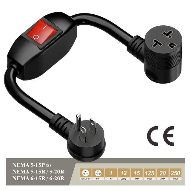 Alt view image 3 of 7 - Angled Four-in-One Heavy Duty Inline On/Off Switch Extension Cord 12-AWG 15A Household Plug to 20A T Blade Adapter Cable with Heavy Duty 20A 125V Inline Switch, L=1FT