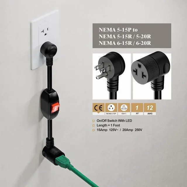 Alt view image 7 of 7 - Angled Four-in-One Heavy Duty Inline On/Off Switch Extension Cord 12-AWG 15A Household Plug to 20A T Blade Adapter Cable with Heavy Duty 20A 125V Inline Switch, L=1FT