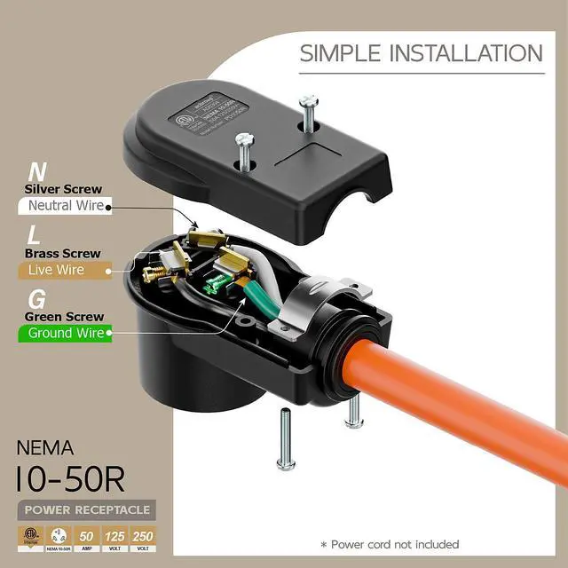 Alt view image 4 of 7 - NEMA 10-50R Plug,10-50 50A/125/250V Female Connector, (ETL Certified) 50Amp 125/250Volt Cord End Socket, Female 50A Dryer Receptacle, Heavy Duty, Black Color