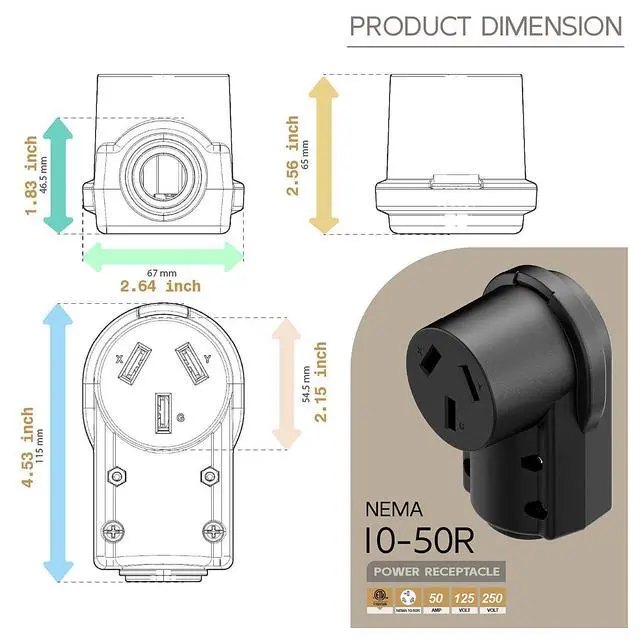 Alt view image 5 of 7 - NEMA 10-50R Plug,10-50 50A/125/250V Female Connector, (ETL Certified) 50Amp 125/250Volt Cord End Socket, Female 50A Dryer Receptacle, Heavy Duty, Black Color