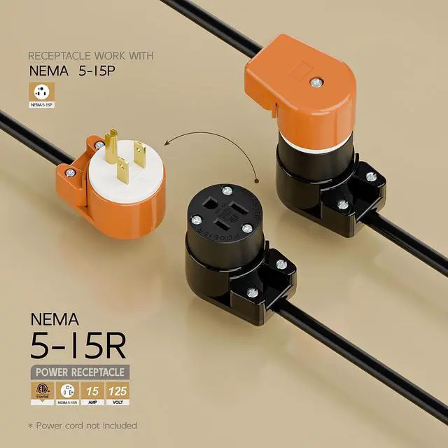 Alt view image 2 of 7 - 360° Rotatable NEMA 5-15R Rewireable Female Receptacle, ETL Listed 15A 125V Right Angle Cord End Socket, 3-Prong DIY Replacement AC Connector for 12/14/16AWG Power Cord, Black