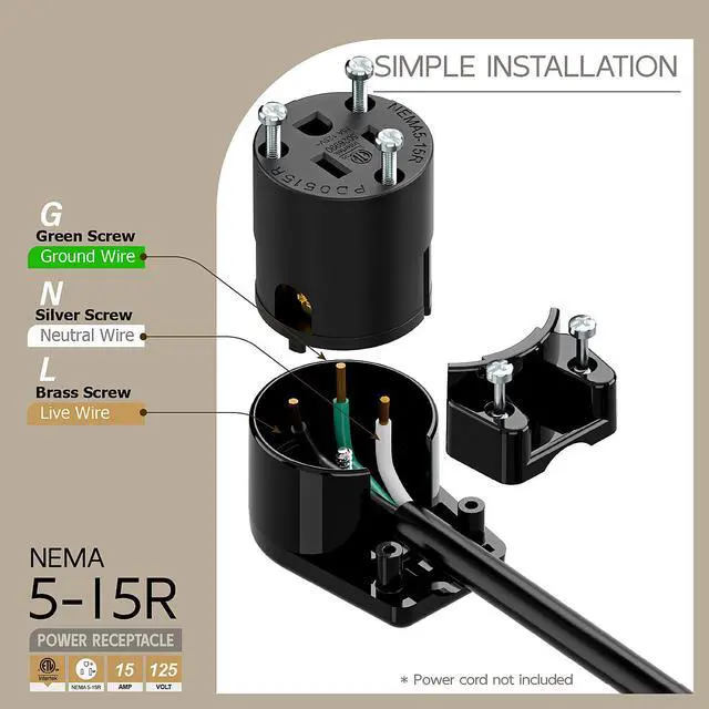 Alt view image 3 of 7 - 360° Rotatable NEMA 5-15R Rewireable Female Receptacle, ETL Listed 15A 125V Right Angle Cord End Socket, 3-Prong DIY Replacement AC Connector for 12/14/16AWG Power Cord, Black