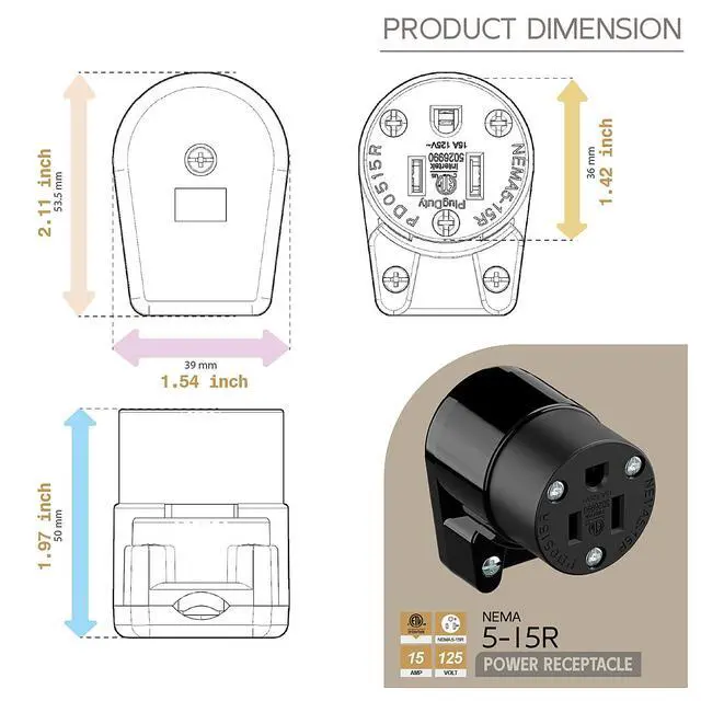 Alt view image 5 of 7 - 360° Rotatable NEMA 5-15R Rewireable Female Receptacle, ETL Listed 15A 125V Right Angle Cord End Socket, 3-Prong DIY Replacement AC Connector for 12/14/16AWG Power Cord, Black