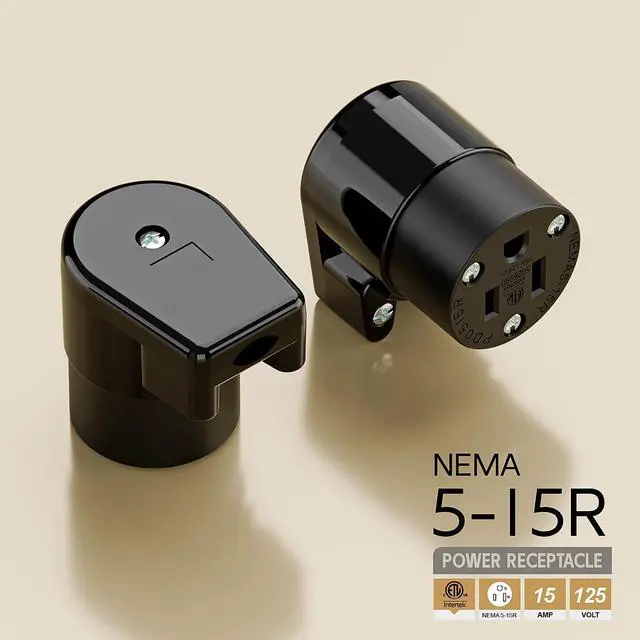 Alt view image 4 of 7 - 360° Rotatable NEMA 5-15R Rewireable Female Receptacle, ETL Listed 15A 125V Right Angle Cord End Socket, 3-Prong DIY Replacement AC Connector for 12/14/16AWG Power Cord, Black