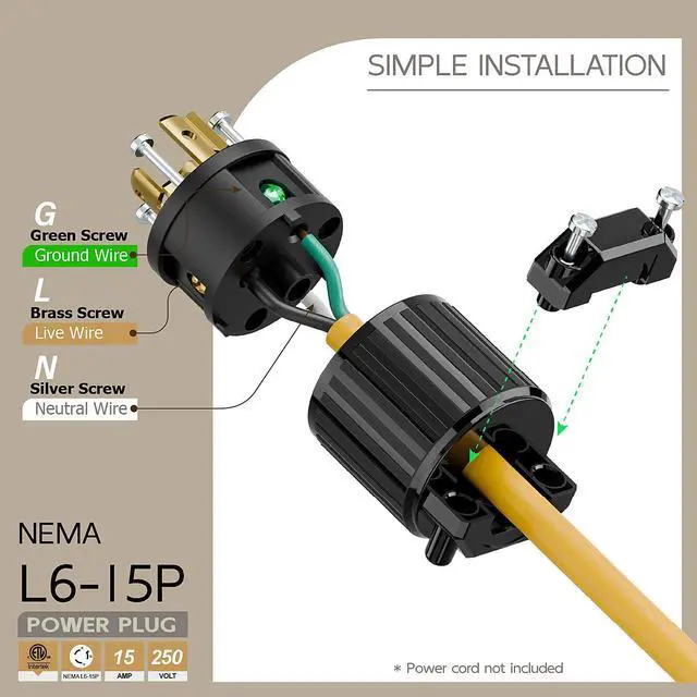 Alt view image 3 of 6 - NEMA L6-15P Twist Lock Male Plug, ETL/cETL Listed 15A 250V Rewireable Generator Connector, UL94-V0 Nylon Brass, Fits 12/14/16AWG SJT/SVT Cord, Black Industrial Plug
