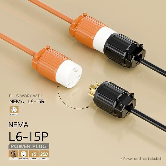 Alt view image 2 of 6 - NEMA L6-15P Twist Lock Male Plug, ETL/cETL Listed 15A 250V Rewireable Generator Connector, UL94-V0 Nylon Brass, Fits 12/14/16AWG SJT/SVT Cord, Black Industrial Plug