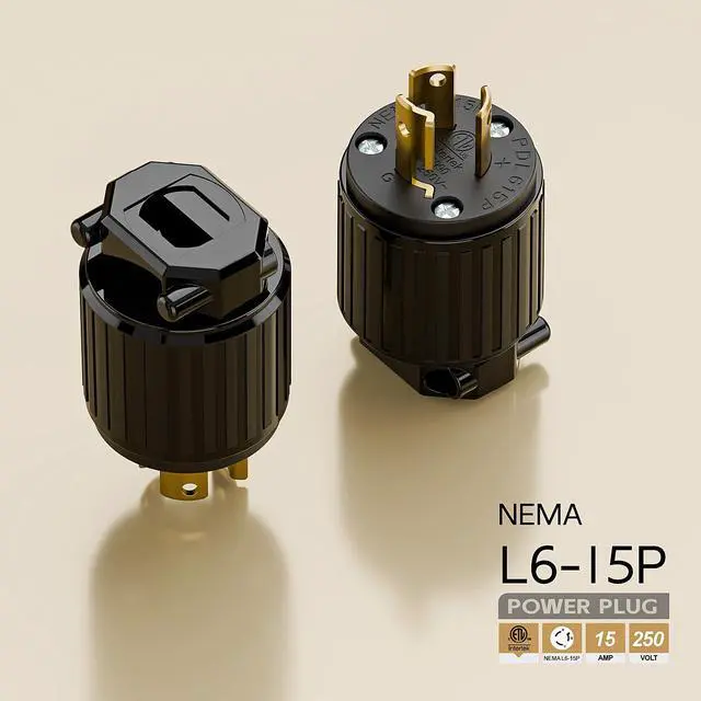 Alt view image 4 of 6 - NEMA L6-15P Twist Lock Male Plug, ETL/cETL Listed 15A 250V Rewireable Generator Connector, UL94-V0 Nylon Brass, Fits 12/14/16AWG SJT/SVT Cord, Black Industrial Plug