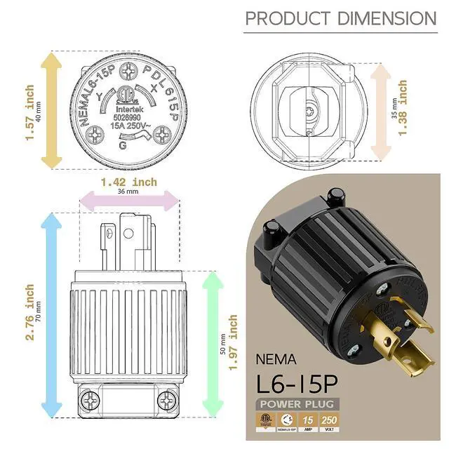 Alt view image 5 of 6 - NEMA L6-15P Twist Lock Male Plug, ETL/cETL Listed 15A 250V Rewireable Generator Connector, UL94-V0 Nylon Brass, Fits 12/14/16AWG SJT/SVT Cord, Black Industrial Plug