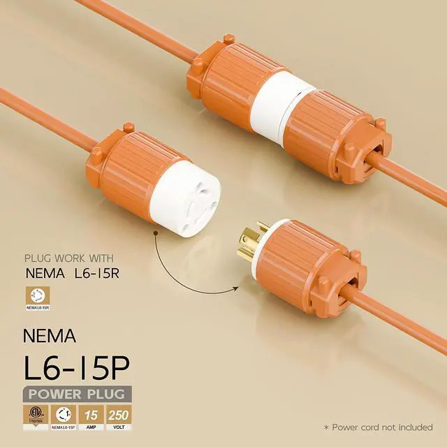 Alt view image 2 of 6 - NEMA L6-15P Twist Lock Male Plug, ETL/cETL Listed 15A 250V Rewireable Generator Connector, UL94-V0 Nylon Brass, Fits 12/14/16AWG SJT/SVT Cord, Orange Industrial Plug