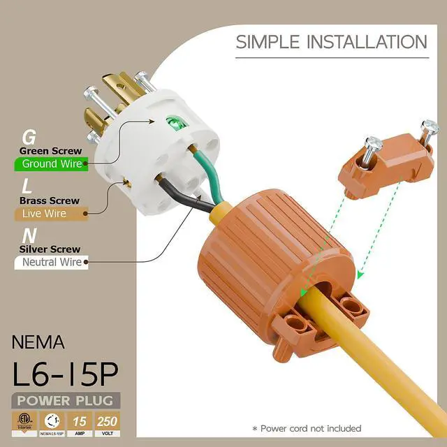 Alt view image 3 of 6 - NEMA L6-15P Twist Lock Male Plug, ETL/cETL Listed 15A 250V Rewireable Generator Connector, UL94-V0 Nylon Brass, Fits 12/14/16AWG SJT/SVT Cord, Orange Industrial Plug