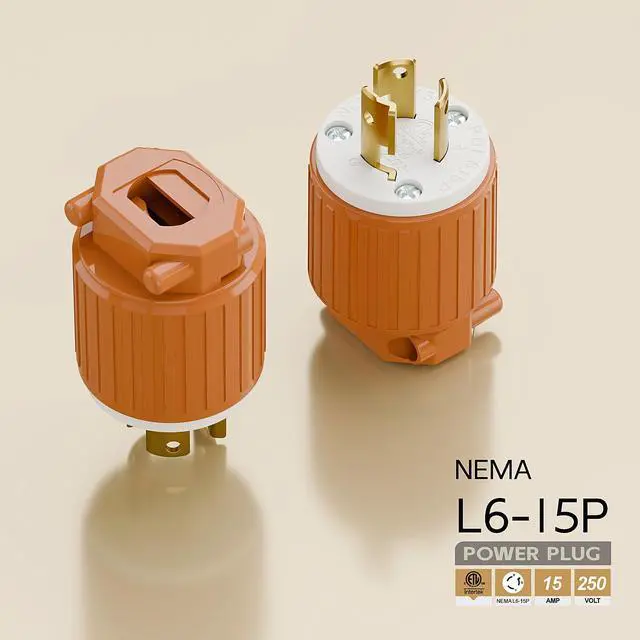 Alt view image 4 of 6 - NEMA L6-15P Twist Lock Male Plug, ETL/cETL Listed 15A 250V Rewireable Generator Connector, UL94-V0 Nylon Brass, Fits 12/14/16AWG SJT/SVT Cord, Orange Industrial Plug