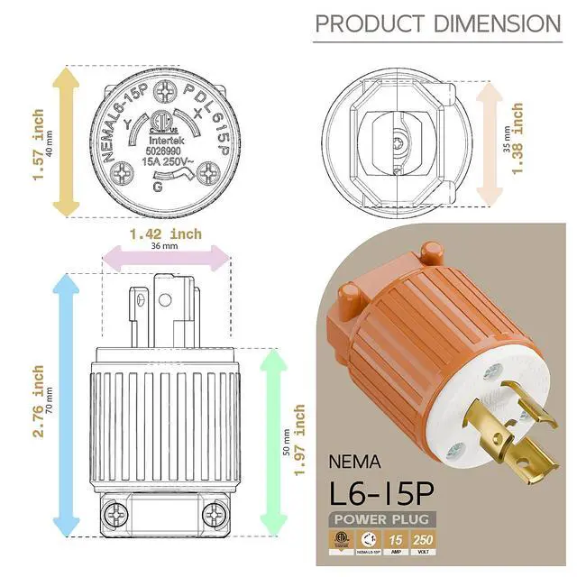 Alt view image 5 of 6 - NEMA L6-15P Twist Lock Male Plug, ETL/cETL Listed 15A 250V Rewireable Generator Connector, UL94-V0 Nylon Brass, Fits 12/14/16AWG SJT/SVT Cord, Orange Industrial Plug