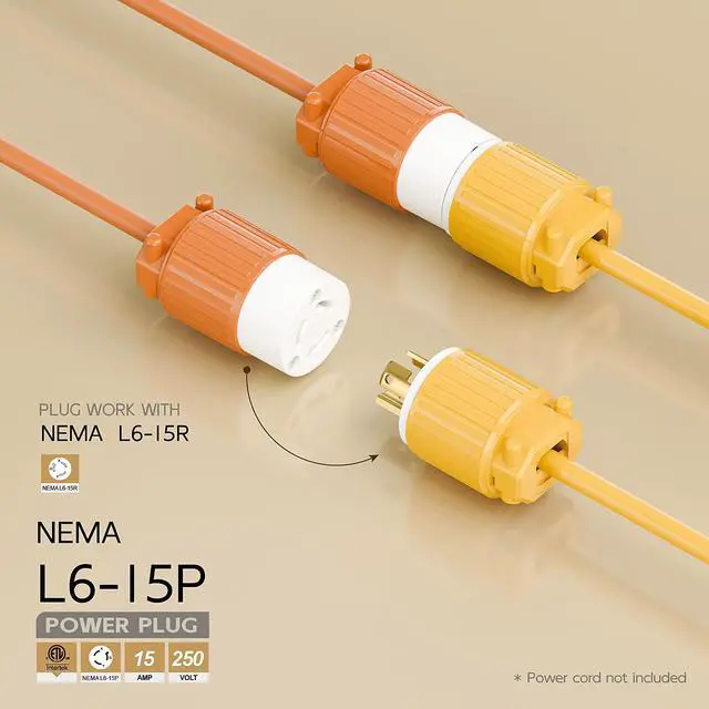 Alt view image 2 of 6 - NEMA L6-15P Twist Lock Male Plug, ETL/cETL Listed 15A 250V Rewireable Generator Connector, UL94-V0 Nylon Brass, Fits 12/14/16AWG SJT/SVT Cord, Yellow Industrial Plug