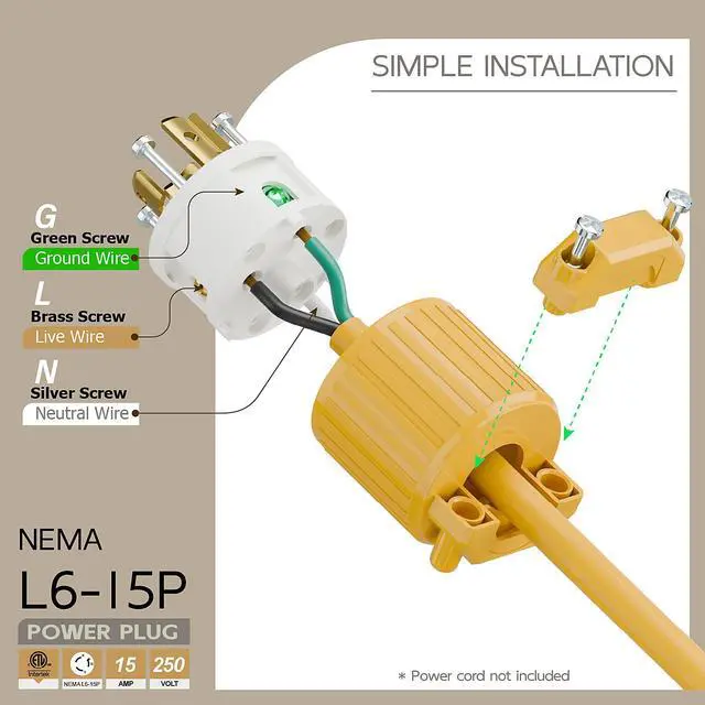 Alt view image 3 of 6 - NEMA L6-15P Twist Lock Male Plug, ETL/cETL Listed 15A 250V Rewireable Generator Connector, UL94-V0 Nylon Brass, Fits 12/14/16AWG SJT/SVT Cord, Yellow Industrial Plug
