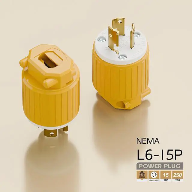 Alt view image 4 of 6 - NEMA L6-15P Twist Lock Male Plug, ETL/cETL Listed 15A 250V Rewireable Generator Connector, UL94-V0 Nylon Brass, Fits 12/14/16AWG SJT/SVT Cord, Yellow Industrial Plug