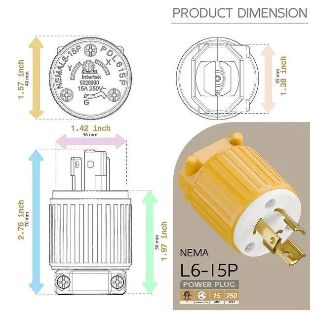 Alt view image 5 of 6 - NEMA L6-15P Twist Lock Male Plug, ETL/cETL Listed 15A 250V Rewireable Generator Connector, UL94-V0 Nylon Brass, Fits 12/14/16AWG SJT/SVT Cord, Yellow Industrial Plug
