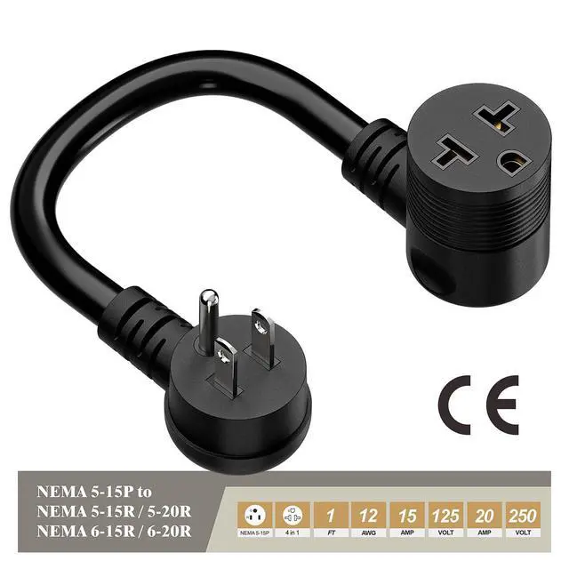 Alt view image 3 of 6 - Angled Four-in-One Heavy Duty SJTW 12AWG Extension Cord 12-AWG 15A Household Plug to 20A T-Blade Adapter Cable, Angled Adapter Extension Cord for EV Car Charger L=1FT