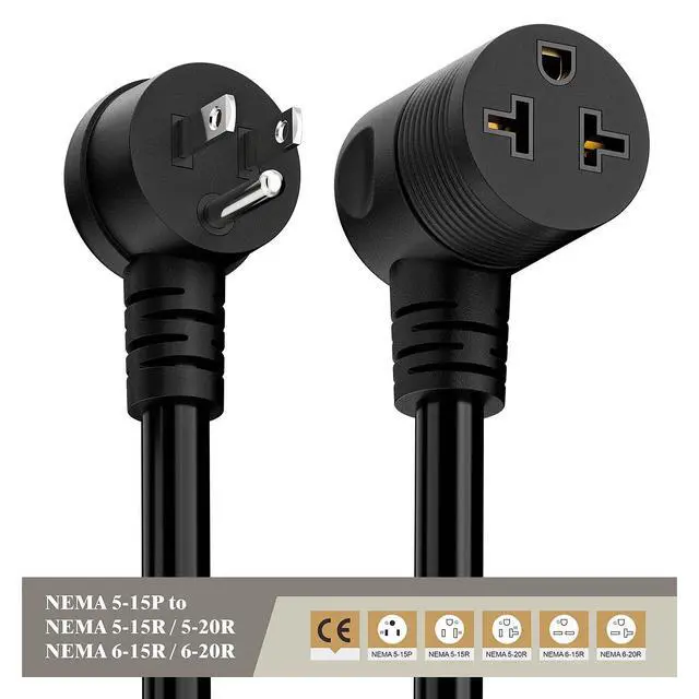 Alt view image 4 of 6 - Angled Four-in-One Heavy Duty SJTW 12AWG Extension Cord 12-AWG 15A Household Plug to 20A T-Blade Adapter Cable, Angled Adapter Extension Cord for EV Car Charger L=1FT