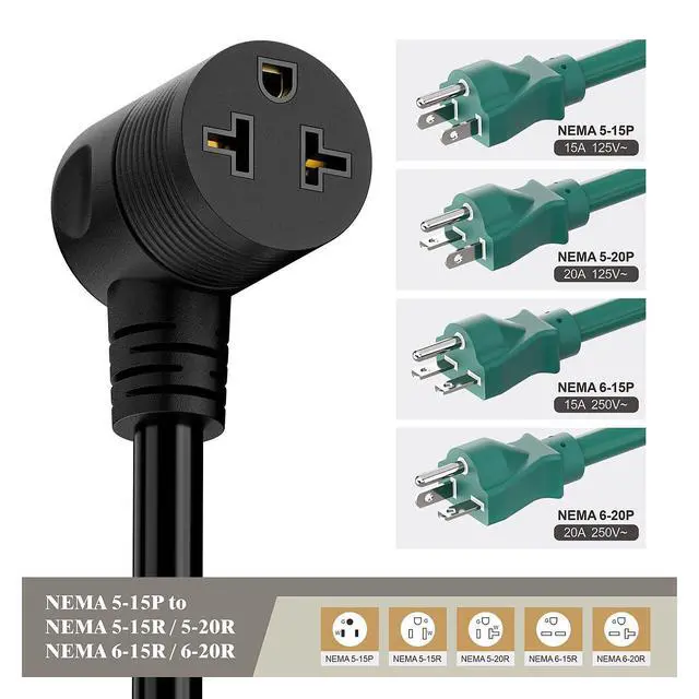 Alt view image 5 of 6 - Angled Four-in-One Heavy Duty SJTW 12AWG Extension Cord 12-AWG 15A Household Plug to 20A T-Blade Adapter Cable, Angled Adapter Extension Cord for EV Car Charger L=1FT