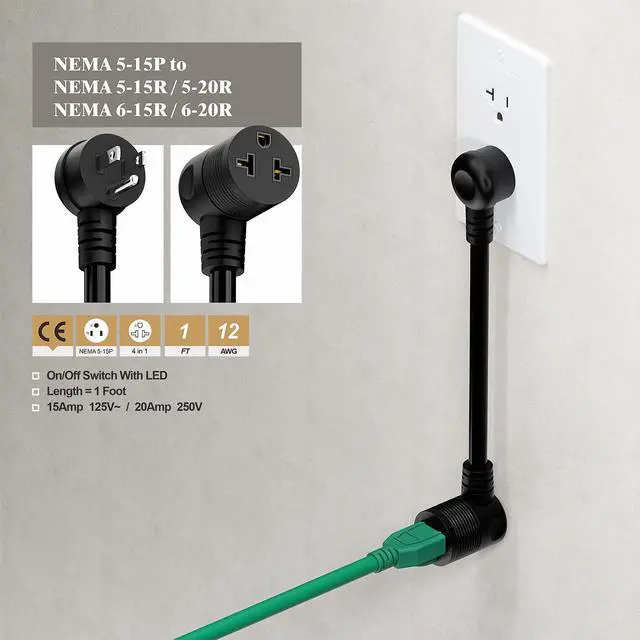 Alt view image 6 of 6 - Angled Four-in-One Heavy Duty SJTW 12AWG Extension Cord 12-AWG 15A Household Plug to 20A T-Blade Adapter Cable, Angled Adapter Extension Cord for EV Car Charger L=1FT