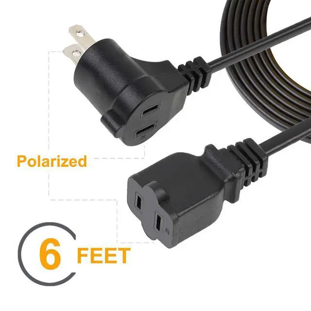 Alt view image 2 of 5 - 6FT/1.8M Angled Polarized USA Canada 2 Prong Piggyback Power Extension Cord/Cable, Polarized 2 Outlet Piggyback Extension Cord 18AWG-UL Listed