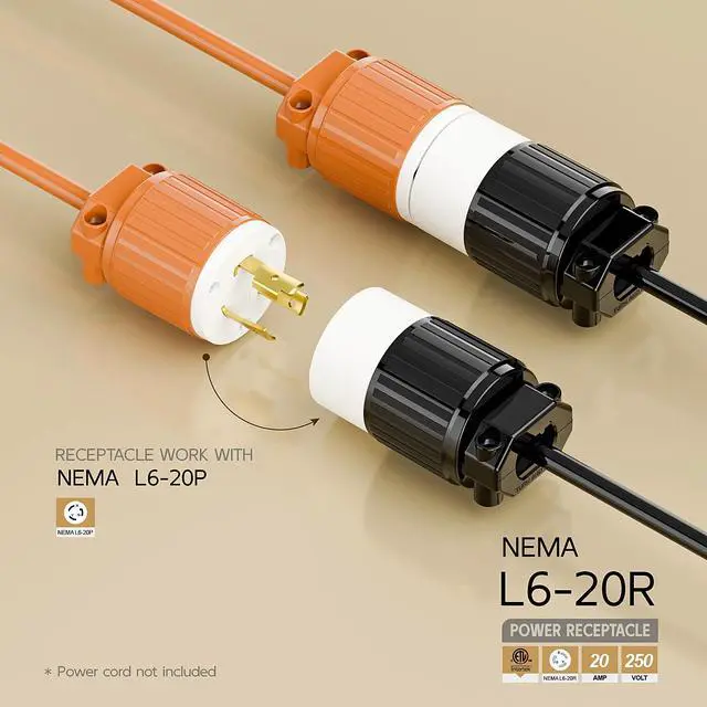 Alt view image 2 of 6 - NEMA L6-20R Twist Lock Female Receptacle, ETL Listed 20A 250V Rewireable Cord End Socket, UL94-V0 Fire-Resistant Nylon & Solid Copper, Fits 10~18AWG SJT/SVT Cord, Black White Industrial Connector
