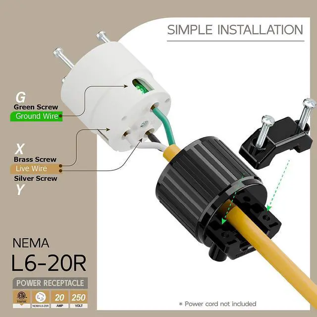 Alt view image 3 of 6 - NEMA L6-20R Twist Lock Female Receptacle, ETL Listed 20A 250V Rewireable Cord End Socket, UL94-V0 Fire-Resistant Nylon & Solid Copper, Fits 10~18AWG SJT/SVT Cord, Black White Industrial Connector