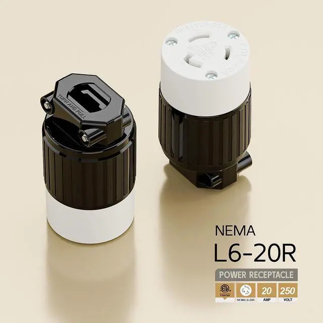 Alt view image 4 of 6 - NEMA L6-20R Twist Lock Female Receptacle, ETL Listed 20A 250V Rewireable Cord End Socket, UL94-V0 Fire-Resistant Nylon & Solid Copper, Fits 10~18AWG SJT/SVT Cord, Black White Industrial Connector