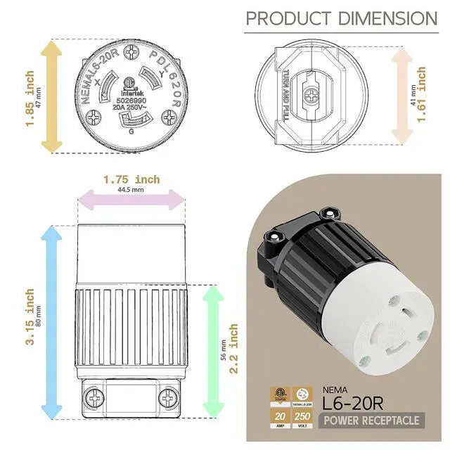 Alt view image 5 of 6 - NEMA L6-20R Twist Lock Female Receptacle, ETL Listed 20A 250V Rewireable Cord End Socket, UL94-V0 Fire-Resistant Nylon & Solid Copper, Fits 10~18AWG SJT/SVT Cord, Black White Industrial Connector
