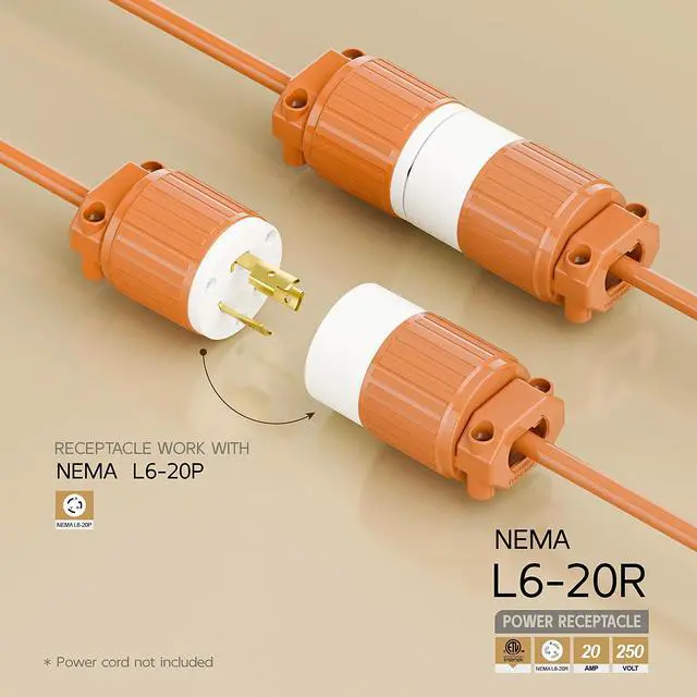 Alt view image 2 of 6 - NEMA L6-20R Twist Lock Female Receptacle, ETL Listed 20A 250V Rewireable Cord End Socket, UL94-V0 Fire-Resistant Nylon & Solid Copper, Fits 10~18AWG SJT/SVT Cord, Orange Industrial Connector