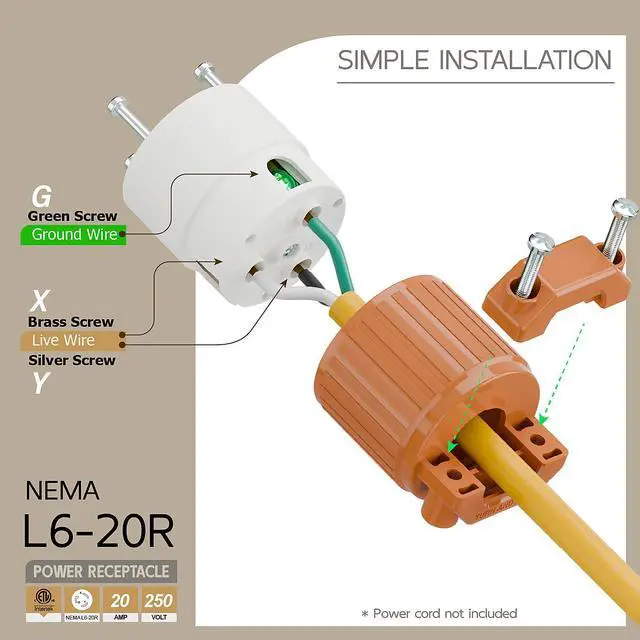 Alt view image 3 of 6 - NEMA L6-20R Twist Lock Female Receptacle, ETL Listed 20A 250V Rewireable Cord End Socket, UL94-V0 Fire-Resistant Nylon & Solid Copper, Fits 10~18AWG SJT/SVT Cord, Orange Industrial Connector