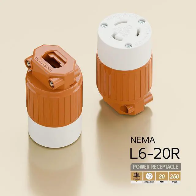 Alt view image 4 of 6 - NEMA L6-20R Twist Lock Female Receptacle, ETL Listed 20A 250V Rewireable Cord End Socket, UL94-V0 Fire-Resistant Nylon & Solid Copper, Fits 10~18AWG SJT/SVT Cord, Orange Industrial Connector