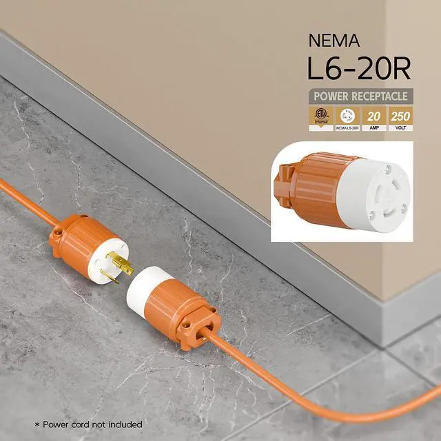 Alt view image 6 of 6 - NEMA L6-20R Twist Lock Female Receptacle, ETL Listed 20A 250V Rewireable Cord End Socket, UL94-V0 Fire-Resistant Nylon & Solid Copper, Fits 10~18AWG SJT/SVT Cord, Orange Industrial Connector