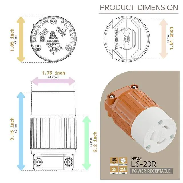 Alt view image 5 of 6 - NEMA L6-20R Twist Lock Female Receptacle, ETL Listed 20A 250V Rewireable Cord End Socket, UL94-V0 Fire-Resistant Nylon & Solid Copper, Fits 10~18AWG SJT/SVT Cord, Orange Industrial Connector
