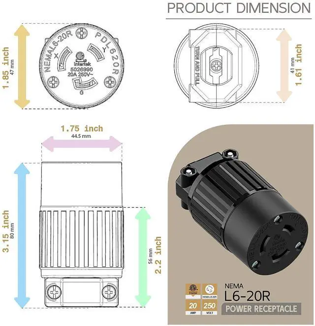 Alt view image 5 of 6 - NEMA L6-20R Twist Lock Female Receptacle, ETL Listed 20A 250V Rewireable Cord End Socket, UL94-V0 Fire-Resistant Nylon & Solid Copper, Fits 10~18AWG SJT/SVT Cord, Black Industrial Connector