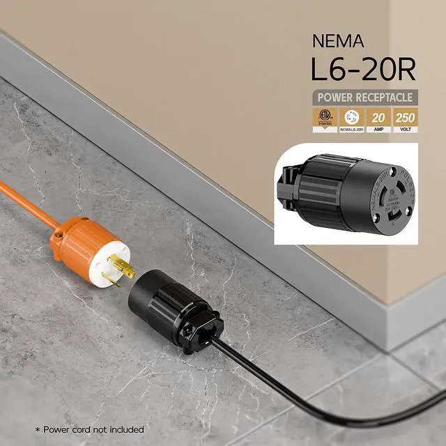 Alt view image 6 of 6 - NEMA L6-20R Twist Lock Female Receptacle, ETL Listed 20A 250V Rewireable Cord End Socket, UL94-V0 Fire-Resistant Nylon & Solid Copper, Fits 10~18AWG SJT/SVT Cord, Black Industrial Connector