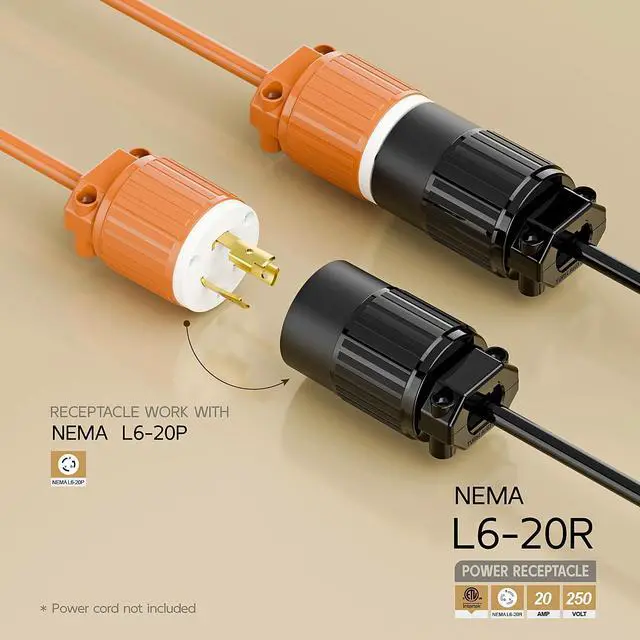 Alt view image 2 of 6 - NEMA L6-20R Twist Lock Female Receptacle, ETL Listed 20A 250V Rewireable Cord End Socket, UL94-V0 Fire-Resistant Nylon & Solid Copper, Fits 10~18AWG SJT/SVT Cord, Black Industrial Connector