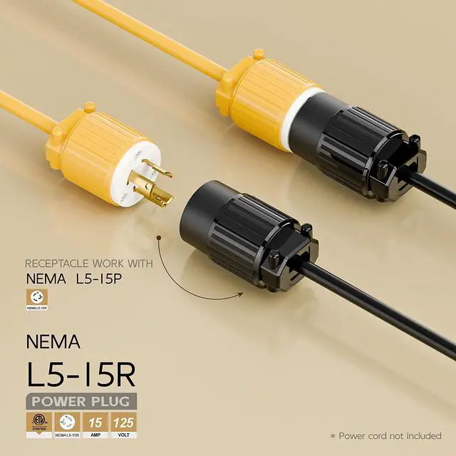 Alt view image 2 of 6 - NEMA L5-15R Twist Lock Female Receptacle, ETL/cETL Listed 15A 125V Rewireable Generator Socket, UL94-V0 Nylon Copper for 12/14/16AWG Cord, Black Industrial Connector