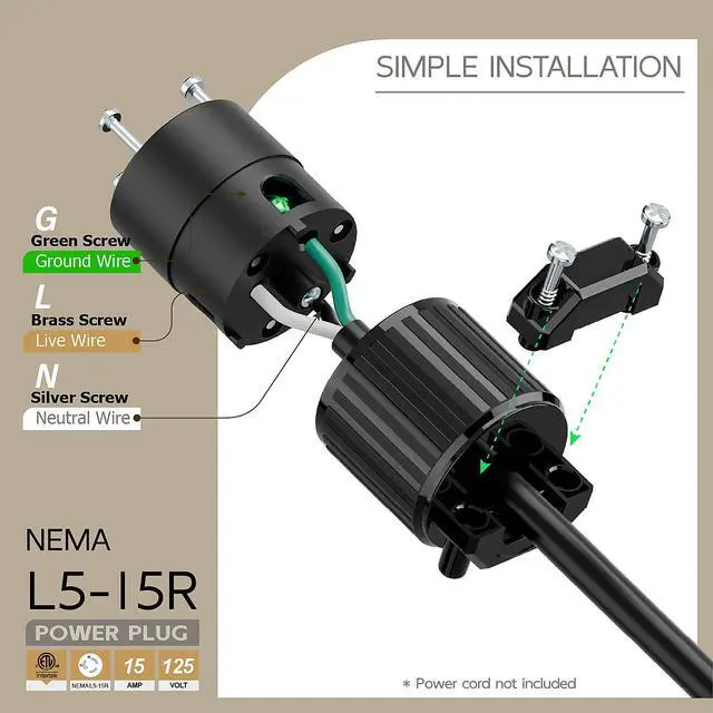 Alt view image 3 of 6 - NEMA L5-15R Twist Lock Female Receptacle, ETL/cETL Listed 15A 125V Rewireable Generator Socket, UL94-V0 Nylon Copper for 12/14/16AWG Cord, Black Industrial Connector
