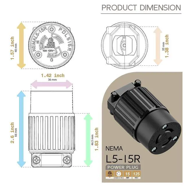 Alt view image 5 of 6 - NEMA L5-15R Twist Lock Female Receptacle, ETL/cETL Listed 15A 125V Rewireable Generator Socket, UL94-V0 Nylon Copper for 12/14/16AWG Cord, Black Industrial Connector