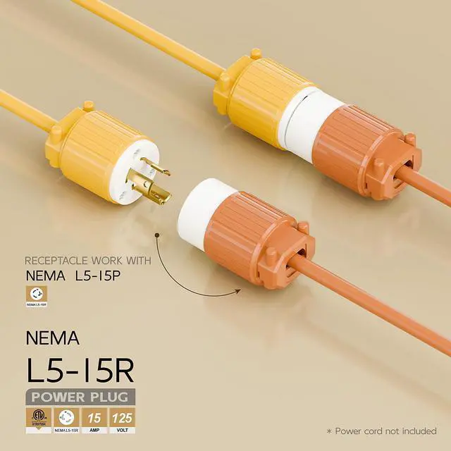 Alt view image 2 of 6 - NEMA L5-15R Twist Lock Female Receptacle, ETL/cETL Listed 15A 125V Rewireable Generator Socket, UL94-V0 Nylon Copper for 12/14/16AWG Cord, Orange Industrial Connector
