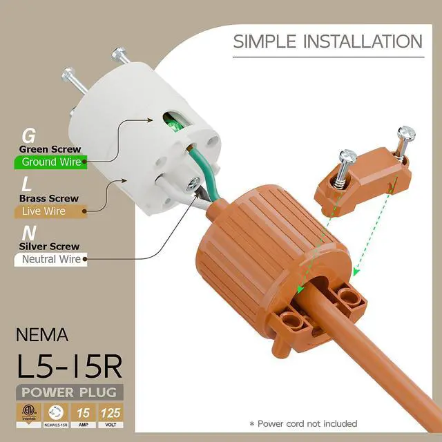 Alt view image 3 of 6 - NEMA L5-15R Twist Lock Female Receptacle, ETL/cETL Listed 15A 125V Rewireable Generator Socket, UL94-V0 Nylon Copper for 12/14/16AWG Cord, Orange Industrial Connector