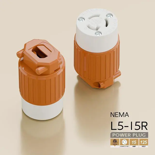 Alt view image 4 of 6 - NEMA L5-15R Twist Lock Female Receptacle, ETL/cETL Listed 15A 125V Rewireable Generator Socket, UL94-V0 Nylon Copper for 12/14/16AWG Cord, Orange Industrial Connector