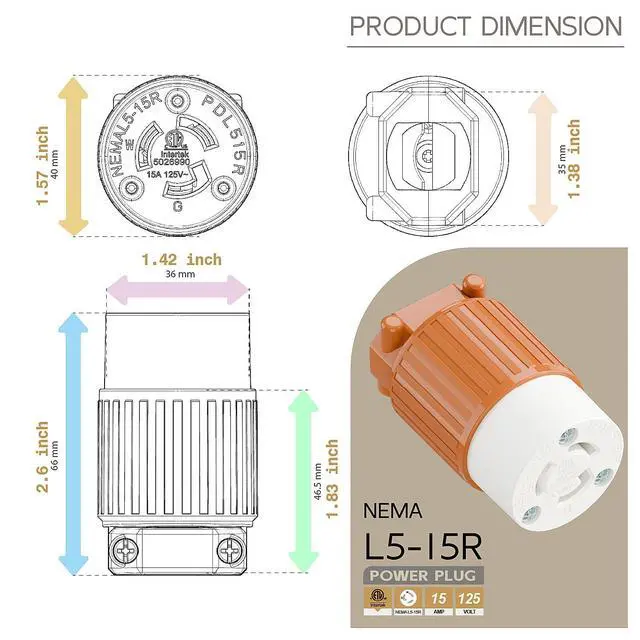 Alt view image 5 of 6 - NEMA L5-15R Twist Lock Female Receptacle, ETL/cETL Listed 15A 125V Rewireable Generator Socket, UL94-V0 Nylon Copper for 12/14/16AWG Cord, Orange Industrial Connector