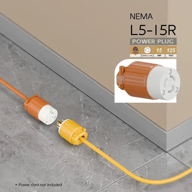 Alt view image 6 of 6 - NEMA L5-15R Twist Lock Female Receptacle, ETL/cETL Listed 15A 125V Rewireable Generator Socket, UL94-V0 Nylon Copper for 12/14/16AWG Cord, Orange Industrial Connector