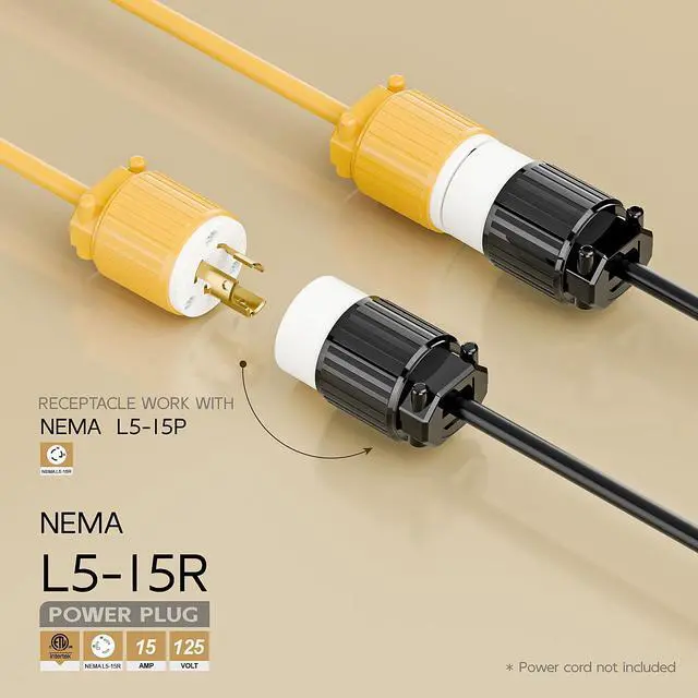Alt view image 2 of 6 - NEMA L5-15R Twist Lock Female Receptacle, ETL/cETL Listed 15A 125V Rewireable Generator Socket, UL94-V0 Nylon Brass, Fits 12/14/16AWG SJT/SVT Cord, Black White Industrial Connector